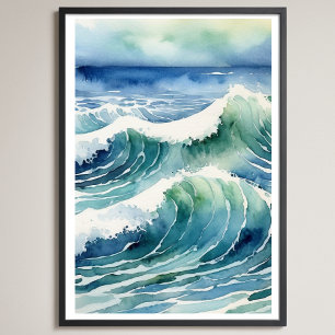 Trendy Watercolor Ocean Beach Wave          Poster