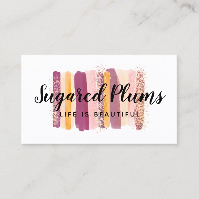 Trendy Watercolor Paint Strokes Plum Purple & Gold Business Card (Front)