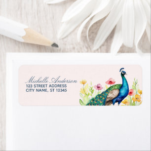 Trendy Watercolor Peacock Flowers Return Address