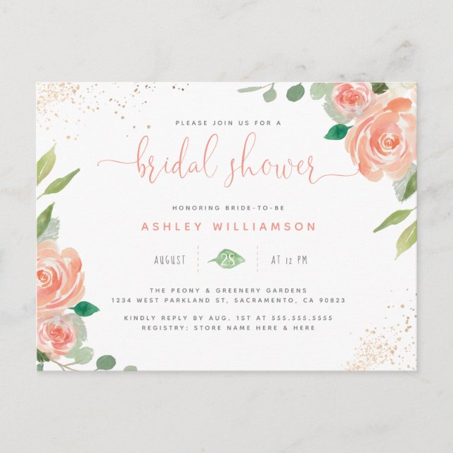 Trendy Watercolor Peonies Eucalyptus Bridal Shower Invitation Postcard (Front)