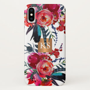 Trendy watercolor peonies metallic copper monogram Case-Mate iPhone case