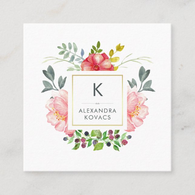 Trendy Watercolor Peony Flowers Monogram Square Business Card (Front)