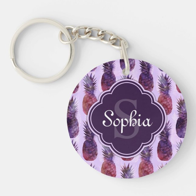Trendy Watercolor Pineapple Pattern Key Ring (Front)