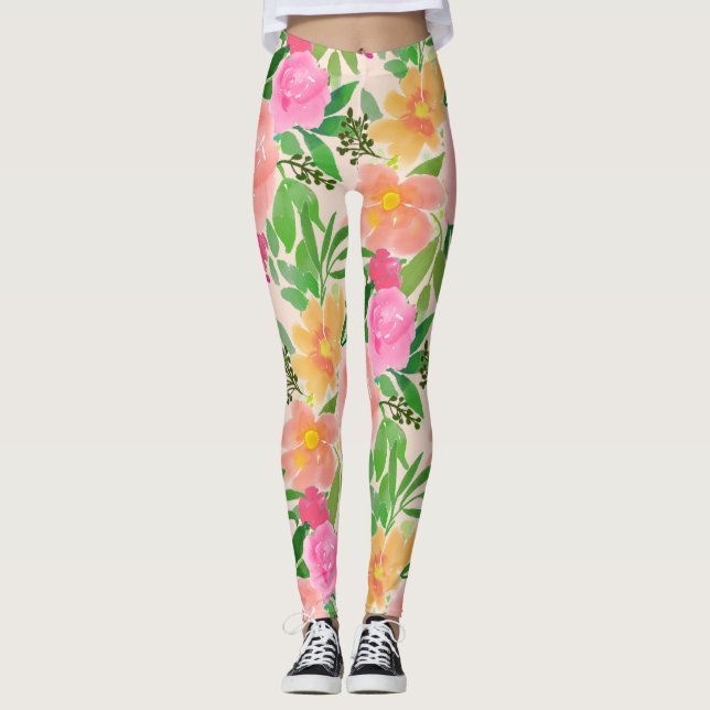 Trendy Watercolor Pink Flowers Leggings (Front)