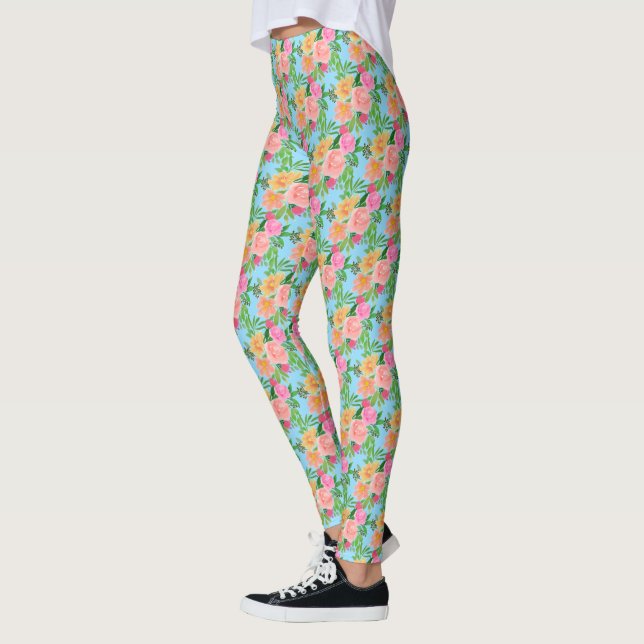 Trendy Watercolor Pink Flowers on Light Blue Leggings (Left)