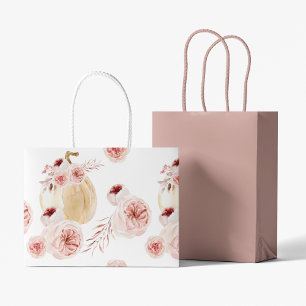 Trendy Watercolor Pumpkin & Flowers Autumn Fall Large Gift Bag