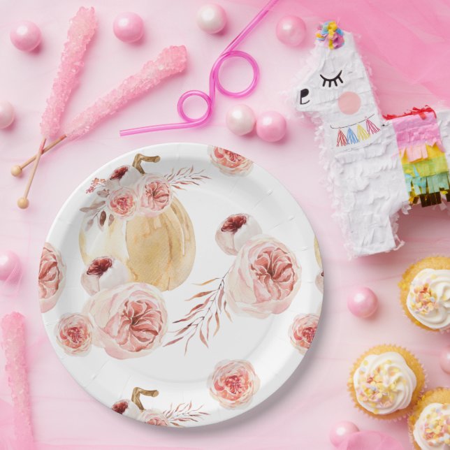 Trendy Watercolor Pumpkin & Flowers | Autumn Fall Paper Plate (Party)