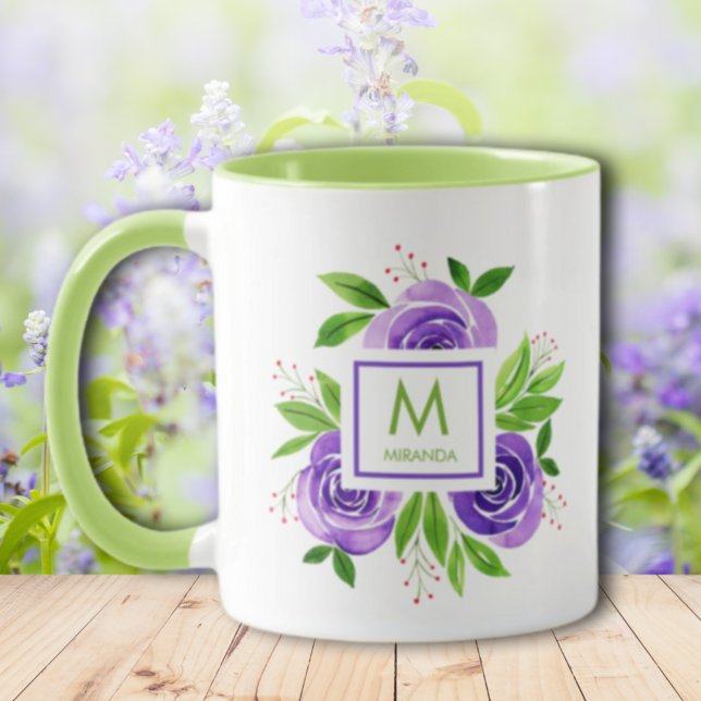 Trendy Watercolor Purple & Lime Roses Monogram Mug (Creator Uploaded)