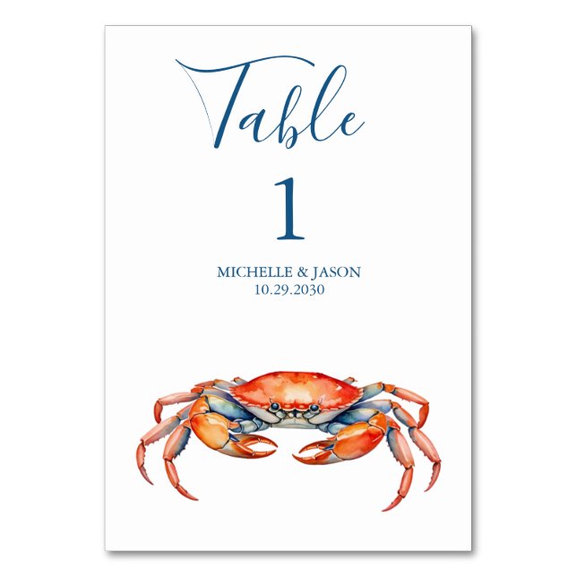 Trendy Watercolor Red Crab Nautical  Table Number (Front)