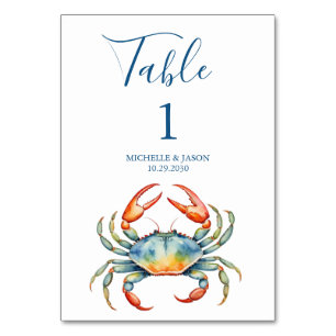 Trendy Watercolor Red Crab Nautical  Table Number