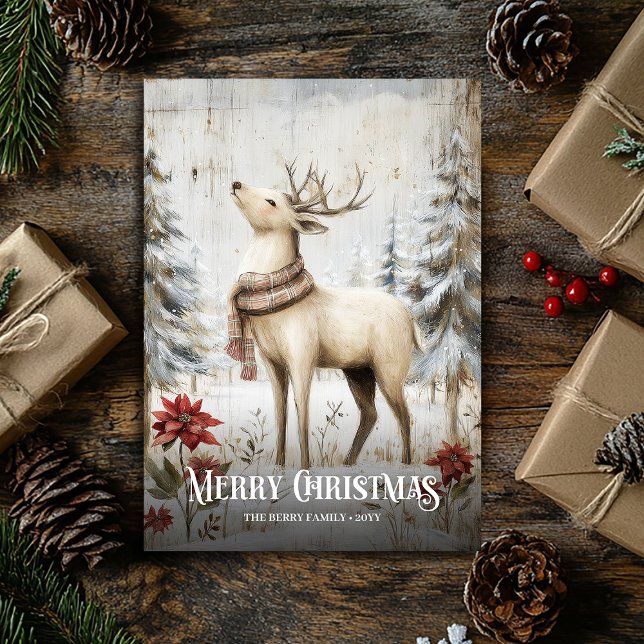 Trendy Watercolor Red White Vintage Reindeer Xmas Holiday Card (Trendy Watercolor Red White Vintage Reindeer Xmas Holiday Card)