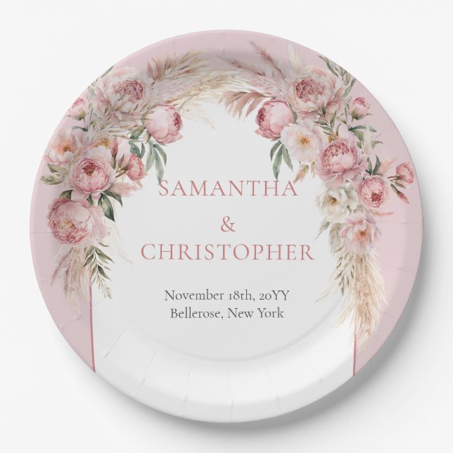 Trendy watercolor Rose gold flowers pampas grass  Paper Plate (Front)