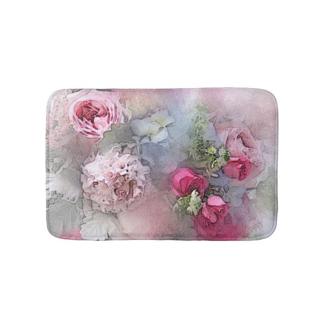Trendy Watercolor Roses Flowers Floral Elegant Bath Mat (Front)