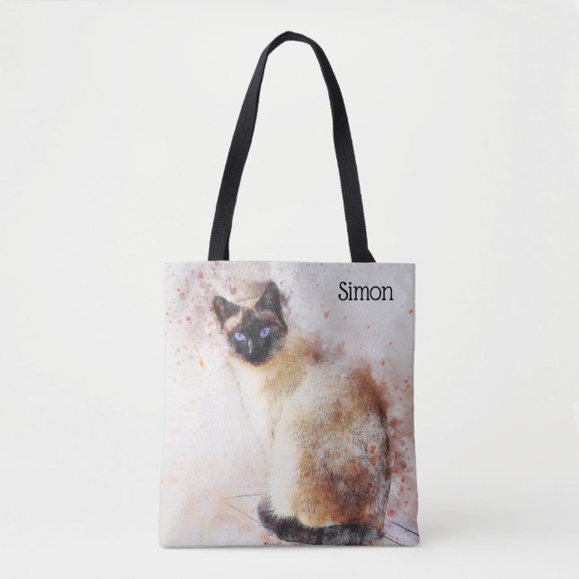 Trendy Watercolor Siamese Cat Personalised Tote Bag (Front)