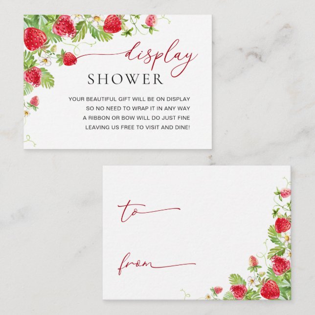 Trendy Watercolor Strawberry Baby Display Shower Enclosure Card (Front/Back)