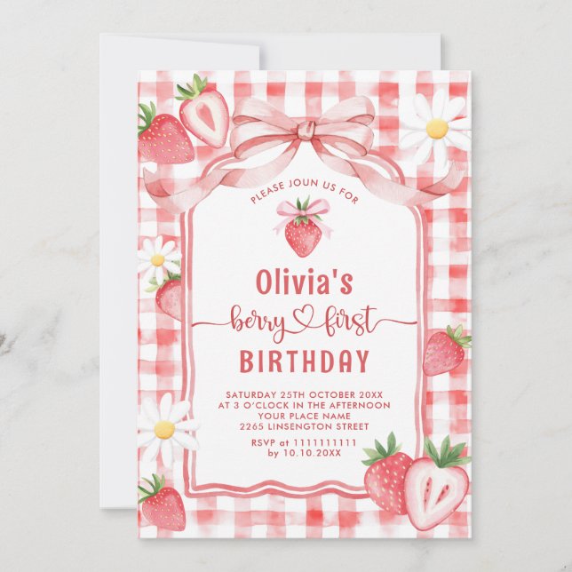 Trendy Watercolor Strawberry Baby First Birthday Invitation (Front)