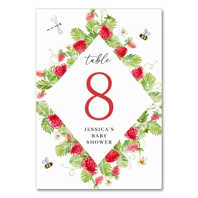 Trendy Watercolor Strawberry Baby Shower Table Number (Front)