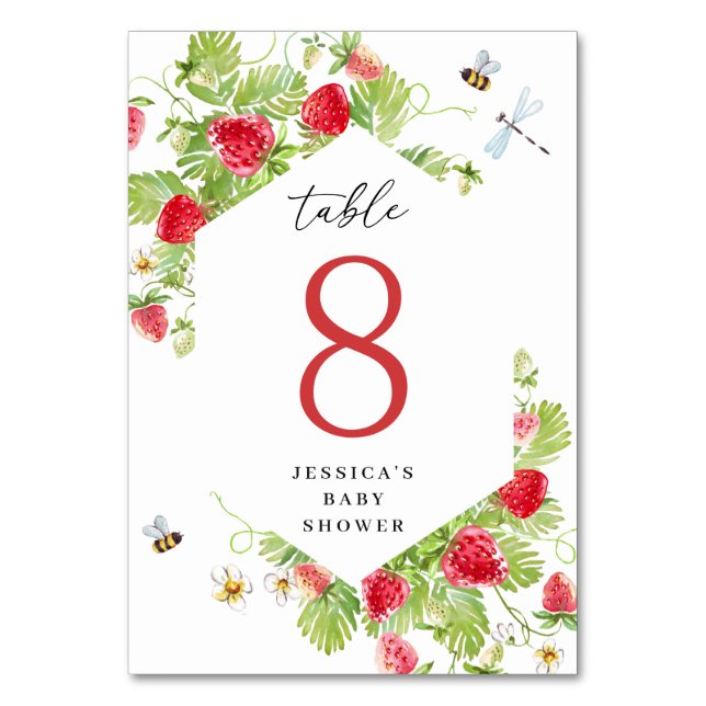 Trendy Watercolor Strawberry Baby Shower Table Number (Front)