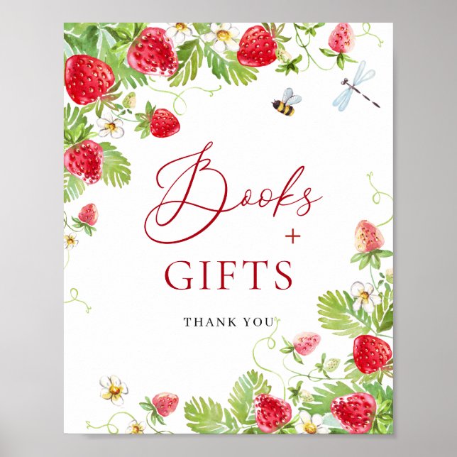 Trendy Watercolor Strawberry Books for Baby Shower Poster (Front)