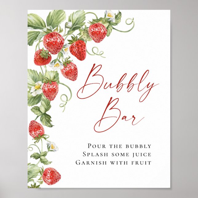 Trendy Watercolor Strawberry Bridal Bubbly Bar Poster (Front)