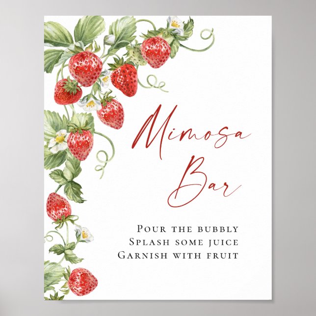 Trendy Watercolor Strawberry Bridal Mimosa Bar Poster (Front)