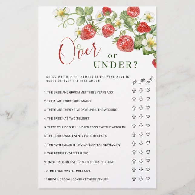 Trendy Watercolor Strawberry Bridal Shower Game (Front)