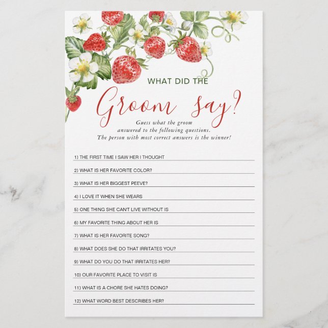 Trendy Watercolor Strawberry Bridal Shower Game (Front)