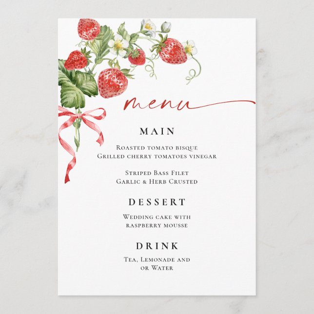 Trendy Watercolor Strawberry Bridal Shower Menu (Front)