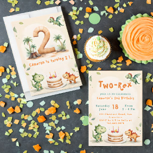 Trendy Watercolor Two-Rex  Second 2nd Birthday Invitation