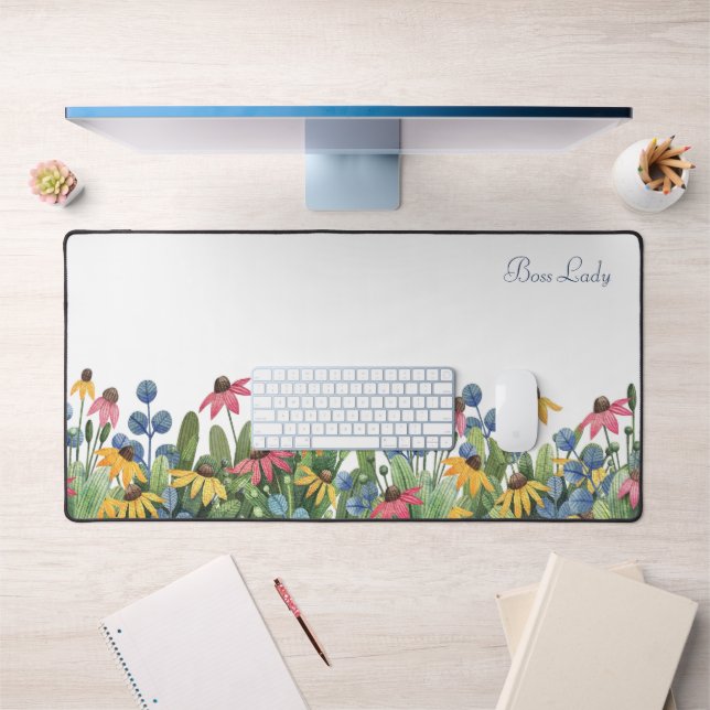 Trendy, Watercolor Wildflowers Border Pattern  Desk Mat (Office 1)