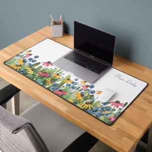 Trendy, Watercolor Wildflowers Border Pattern  Desk Mat