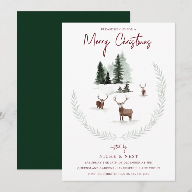 Trendy Watercolor Woodland Animals Christmas Party Invitation (Front/Back)