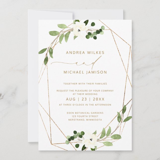 Trendy Wedding Invite Geometric Greenery Faux Foil (Front)