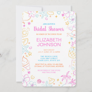 Trendy Whimsical Hand Drawn Beach Bridal Shower Invitation