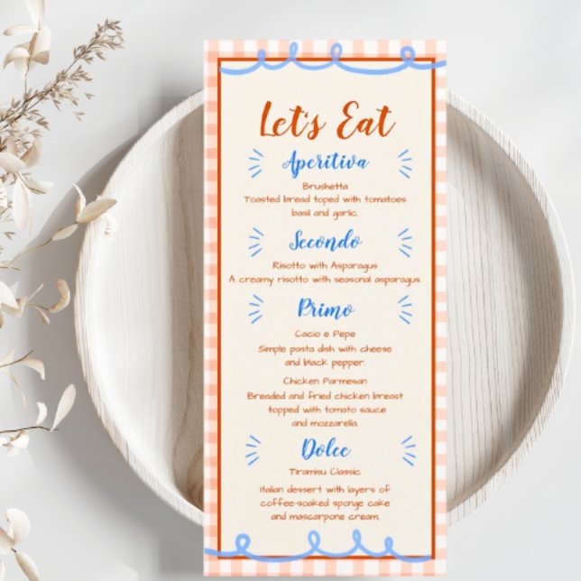 Trendy Whimsical Hand Drawn Blue Orange Menu (That's Amore! Menu. Trendy Hand Drawn. Perfect for Wedding, Bridal Shower and Engagement Party.)