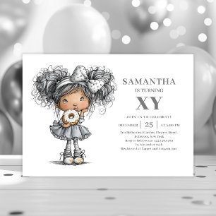 Trendy Whimsy Girl Birthday Black Gold invitation
