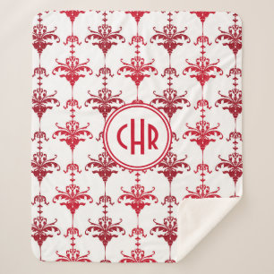 Trendy White and Red Damask Monogram Sherpa Blanket