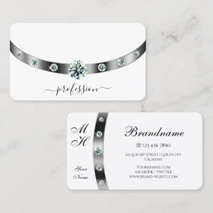 Trendy White and Silver with Diamonds Monogrammed Business Card