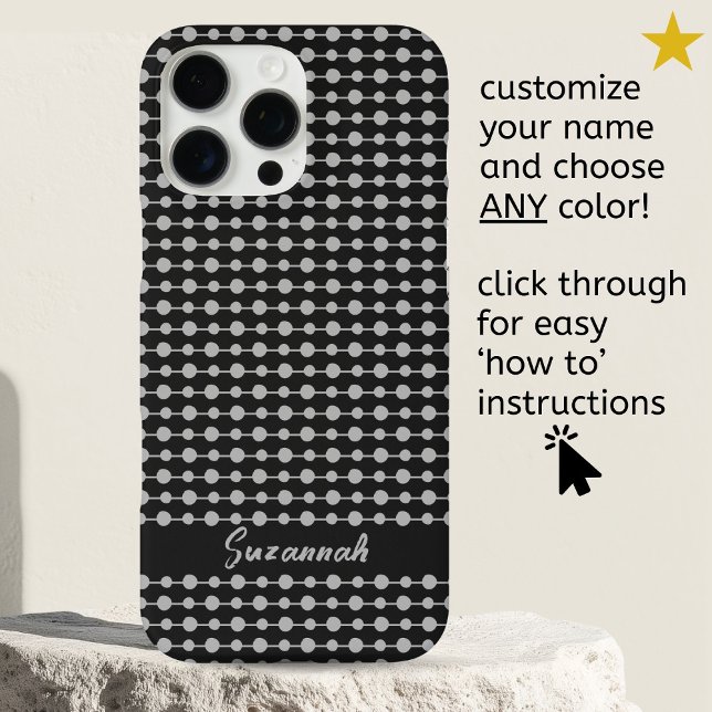 Trendy White Black Dots Lines Pattern Custom Name Case-Mate iPhone Case (Creator Uploaded)