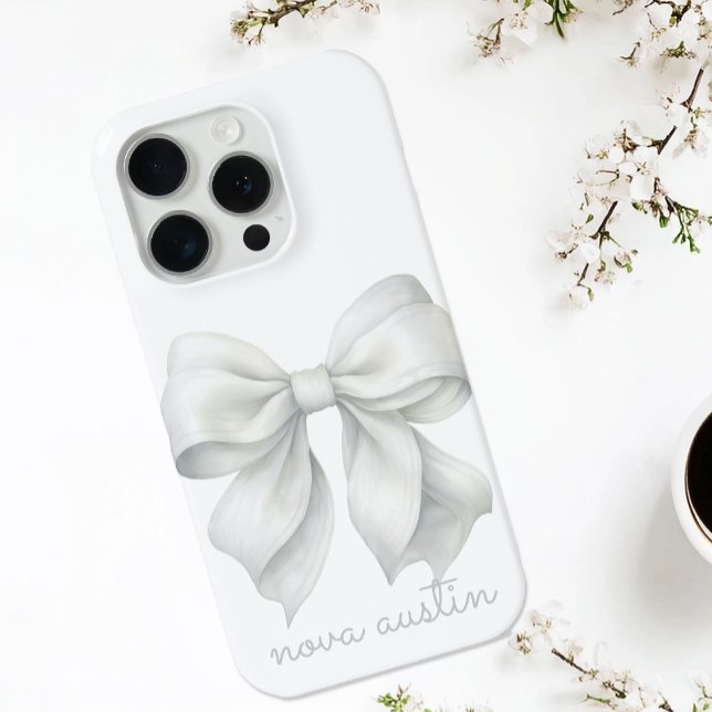 Trendy White Bow Personalised With Name Monogram Case-Mate iPhone Case (Creator Uploaded)