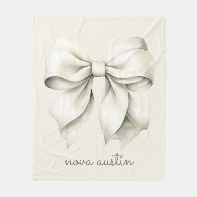 Trendy White Bow Personalised With Name Monogram Fleece Blanket (Front)