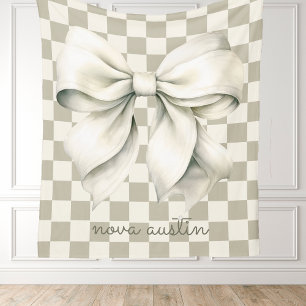 Trendy White Bow Personalised With Name Monogram Fleece Blanket