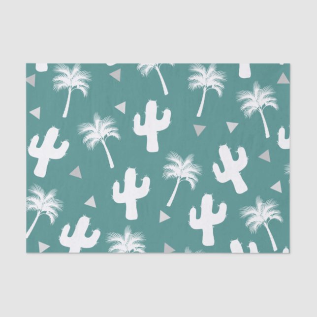 Trendy White Cactus, Palm Trees, & Triangles Tissue Paper (Front)