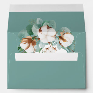Trendy White Cotton Blossoms Teal Wedding Invite Envelope