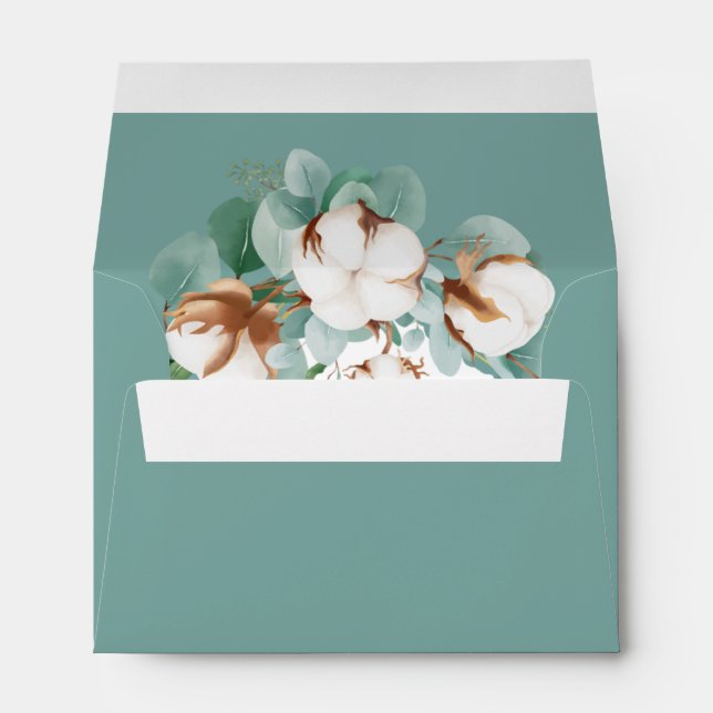 Trendy White Cotton Floral Buds Teal Wedding RSVP Envelope (Back (Bottom))