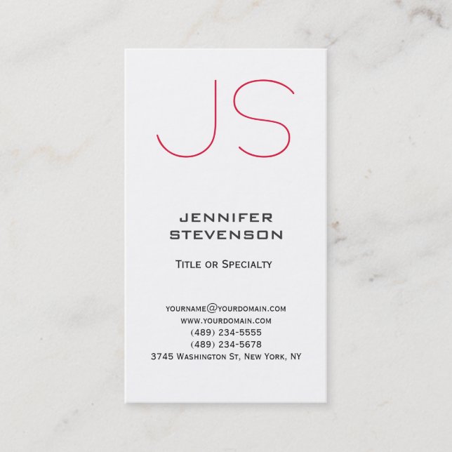 Trendy White Crimson Red Monogram Business Card (Front)