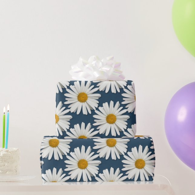 Trendy White Daisy Flowers - Navy Blue Fashion Wrapping Paper (Party Gifts)