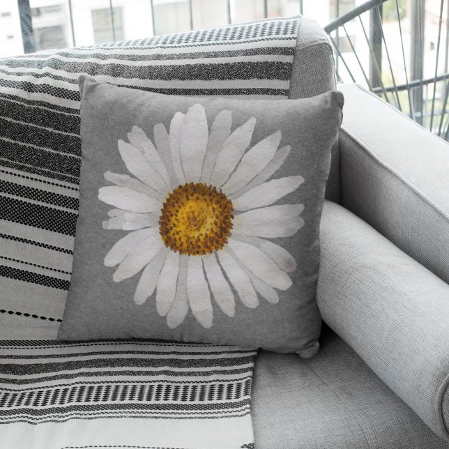 Trendy White Daisy Watercolor Grey Grey Cushion (Creator Uploaded)