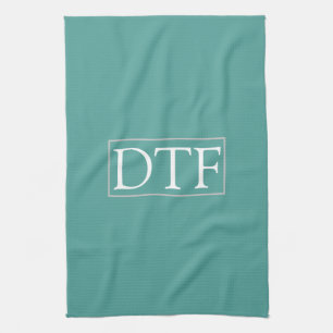 Trendy White DIY Monogram/Name LtGrey Border, Teal Tea Towel