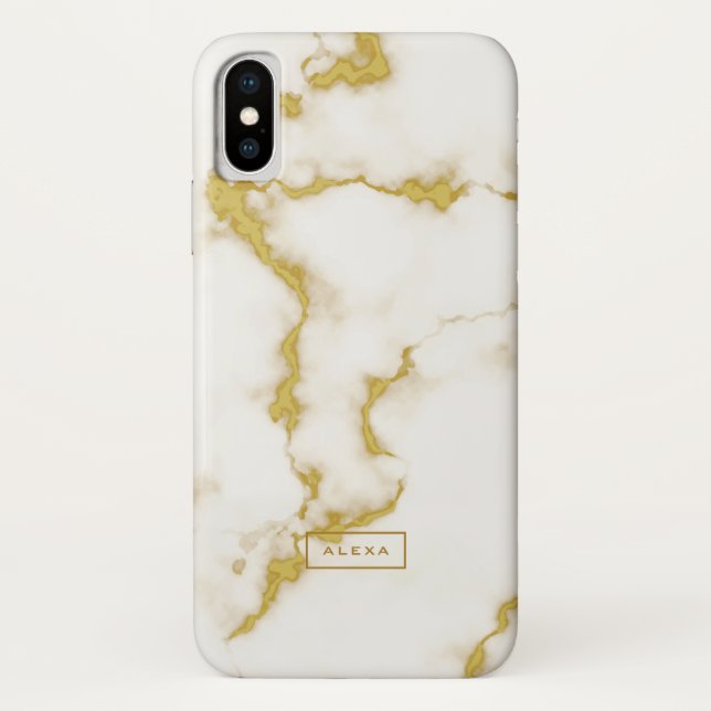 Trendy white faux marble gold accents Case-Mate iPhone case (Back)